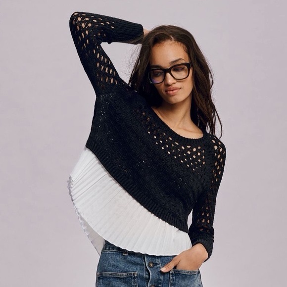 Anthropologie Sweaters - Anthropologie Open Knit Crochet Peplum Black and White Layered Sweater XS NWT